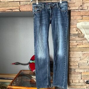 DSQUARED2 WOMENS 30 METAL CANADIAN LEAF LOGO STRAIGHT LEG LOW RISE JEANS, BLUE